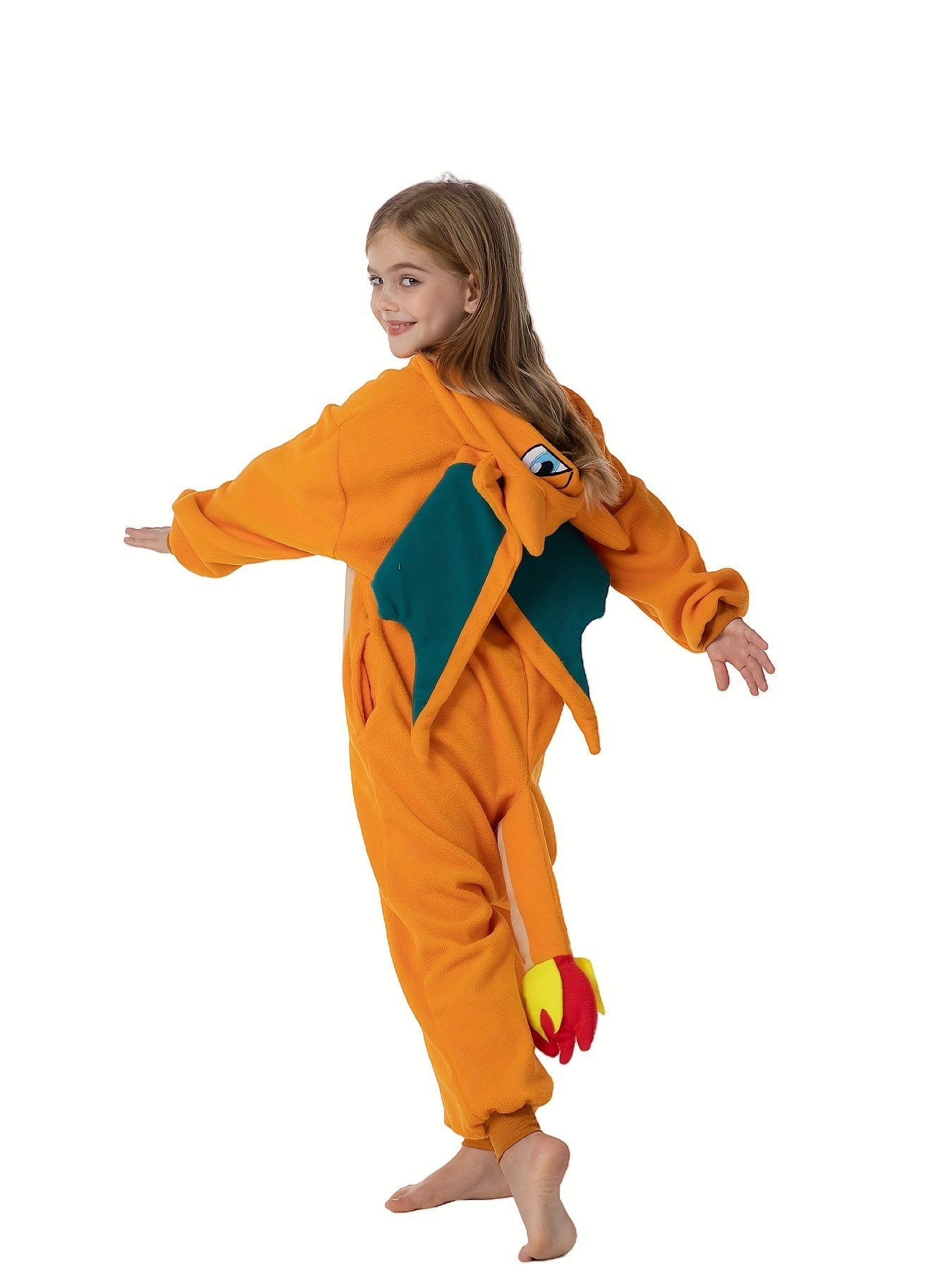 Charizard Kinderkostuum Onesie – Zachte Fleece Dierenpak met Vleugels & Capuchon – Verkleedpak voor Kinderen 4-10 Jaar