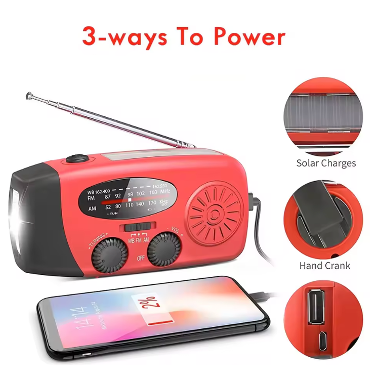 Noodradio op Zonne-energie – Met Handcrank, USB Powerbank & LED Zaklamp, AM/FM voor Outdoor en Noodsituaties