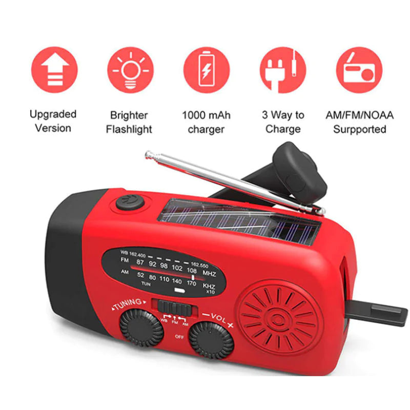 Noodradio op Zonne-energie – Met Handcrank, USB Powerbank & LED Zaklamp, AM/FM voor Outdoor en Noodsituaties