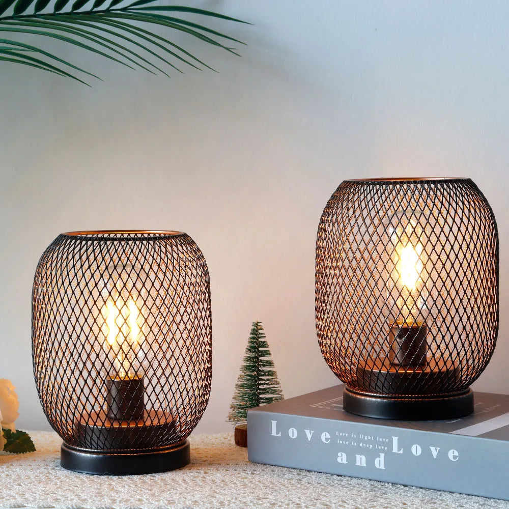 2 Stuks Metalen Kooi Tafellamp Ronde Vormige Led Lantaarn Batterij Aangedreven Draadloze Lamp Voor Bruiloften