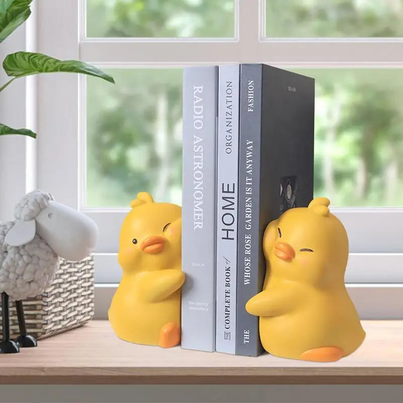 Schattige Eenden Boekensteunen – Stevig & Decoratief – 1 Paar Resin Boekenhouders – Wit/Geel – 17x13x10cm