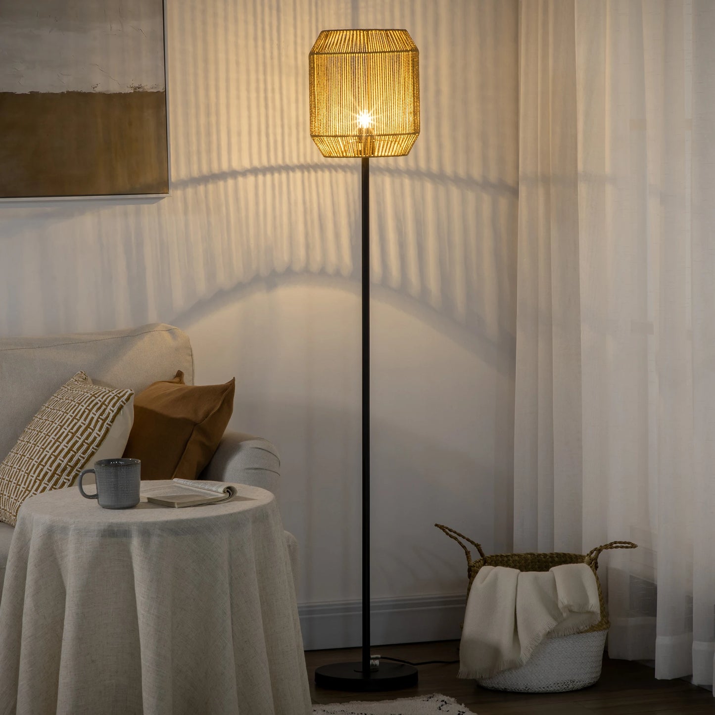 Moderne Staande Vloerlamp – Handgeweven Papieren Lampenkap – E27 Fitting – 164 cm – Voor Woonkamer & Slaapkamer