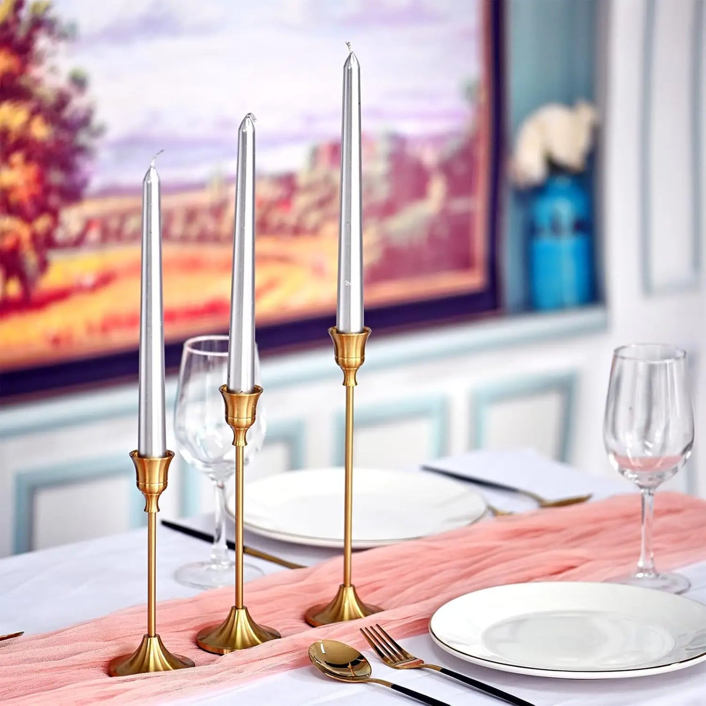Set Van 3 Vintage Elegante Metalen En Aluminium Tafelblad Kandelaars