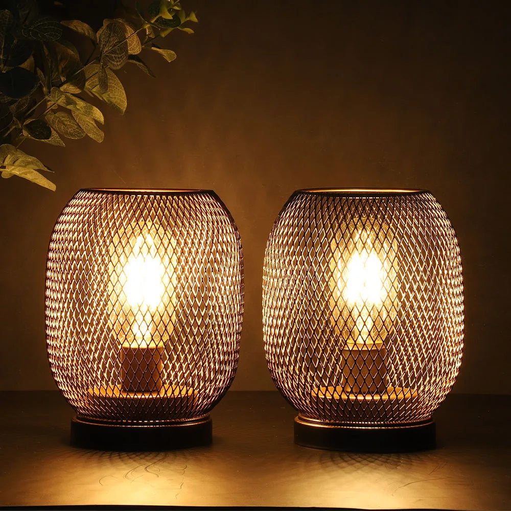 2 Stuks Metalen Kooi Tafellamp Ronde Vormige Led Lantaarn Batterij Aangedreven Draadloze Lamp Voor Bruiloften