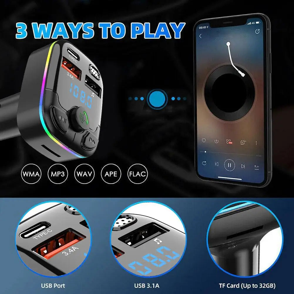 Bluetooth FM Transmitter Auto – MP3 Speler met Dubbele USB, 3.1A Snellader – Ondersteuning TF/USB – CVC Ruisonderdrukking – 12V/24V