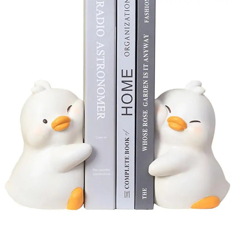 Schattige Eenden Boekensteunen – Stevig & Decoratief – 1 Paar Resin Boekenhouders – Wit/Geel – 17x13x10cm