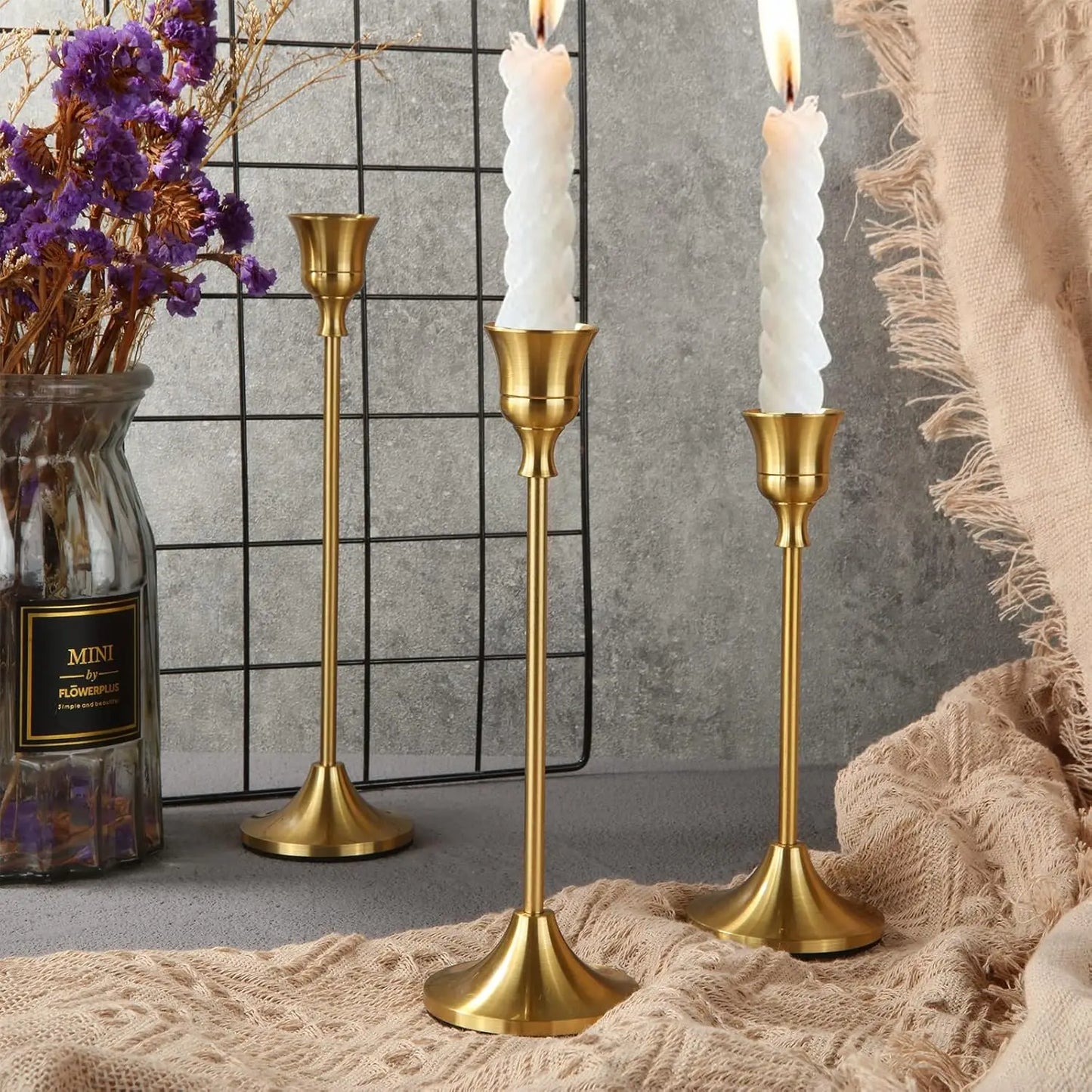 Set Van 3 Vintage Elegante Metalen En Aluminium Tafelblad Kandelaars