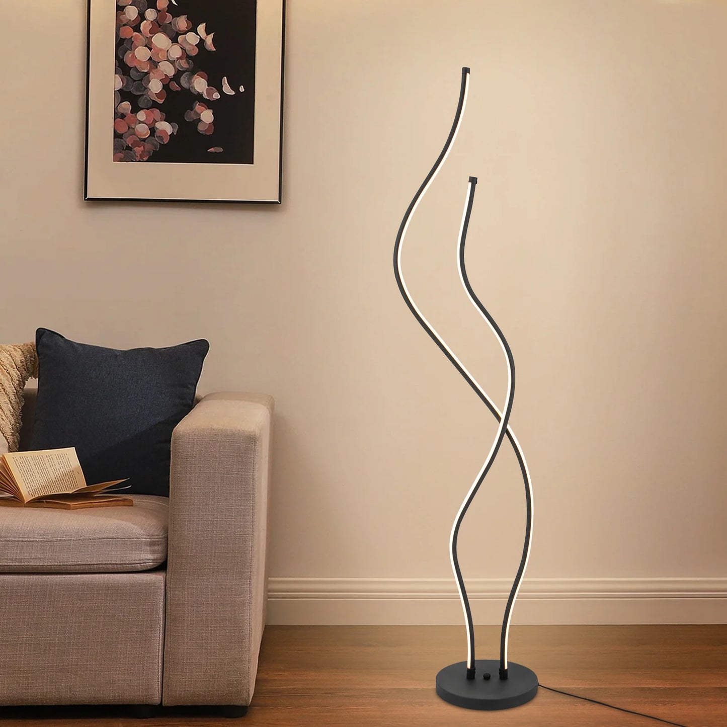 Moderne LED Spiraal Vloerlamp – Dimbare Staande Lamp – 3000K Warm Licht – 60W – Zwart Design