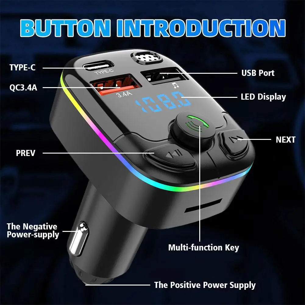 Bluetooth FM Transmitter Auto – MP3 Speler met Dubbele USB, 3.1A Snellader – Ondersteuning TF/USB – CVC Ruisonderdrukking – 12V/24V