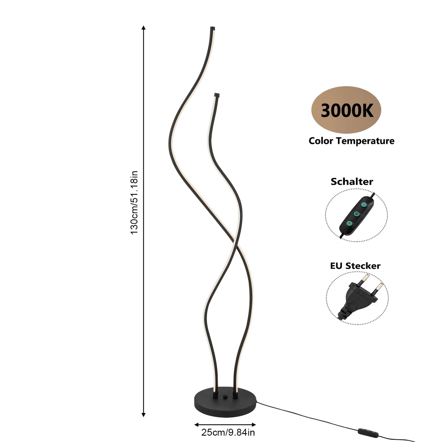 Moderne LED Spiraal Vloerlamp – Dimbare Staande Lamp – 3000K Warm Licht – 60W – Zwart Design