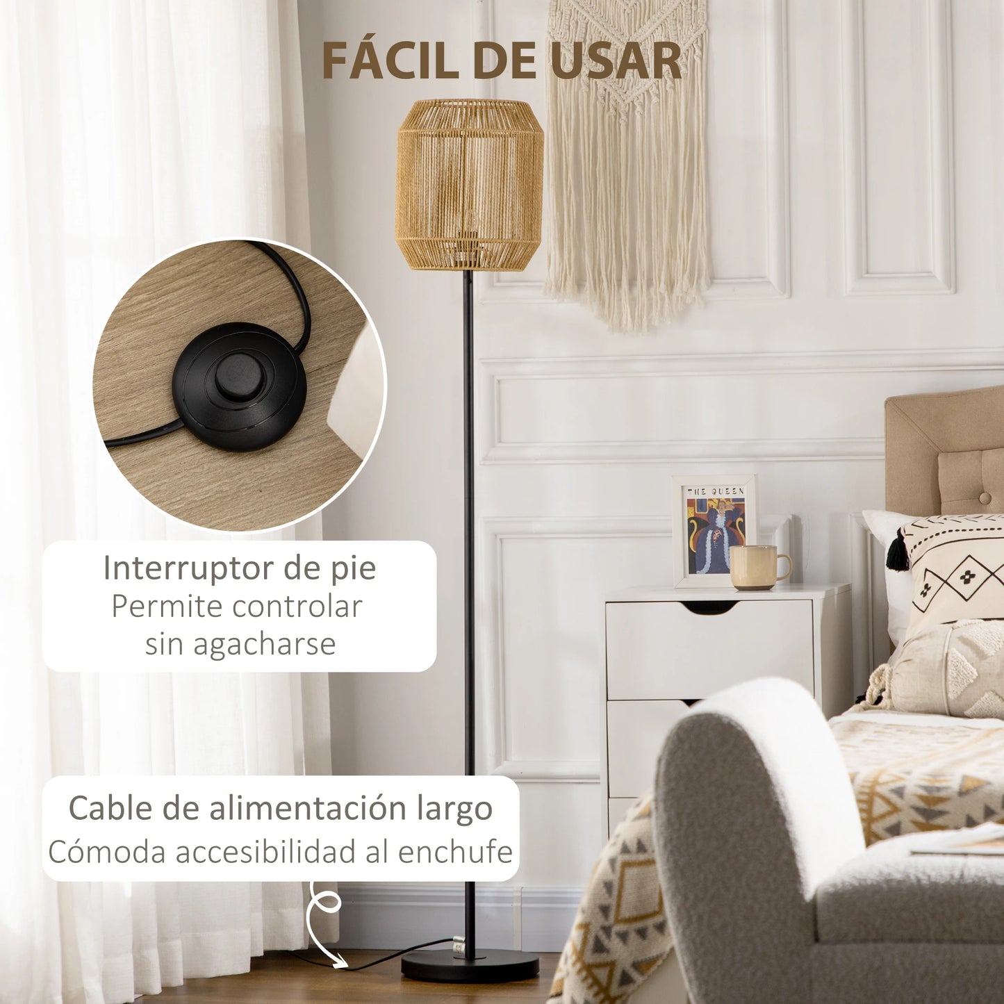 Moderne Staande Vloerlamp – Handgeweven Papieren Lampenkap – E27 Fitting – 164 cm – Voor Woonkamer & Slaapkamer