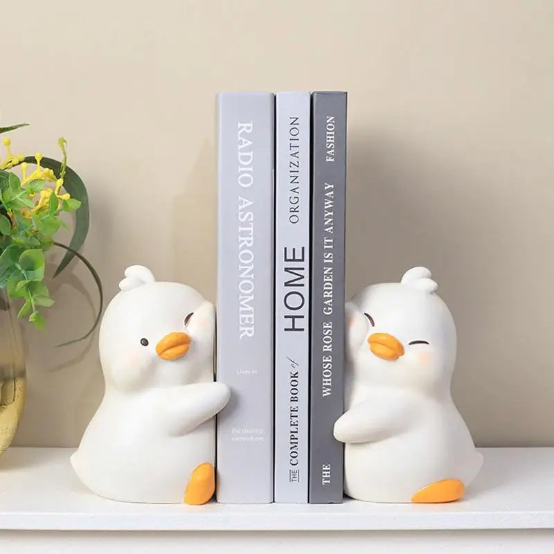 Schattige Eenden Boekensteunen – Stevig & Decoratief – 1 Paar Resin Boekenhouders – Wit/Geel – 17x13x10cm