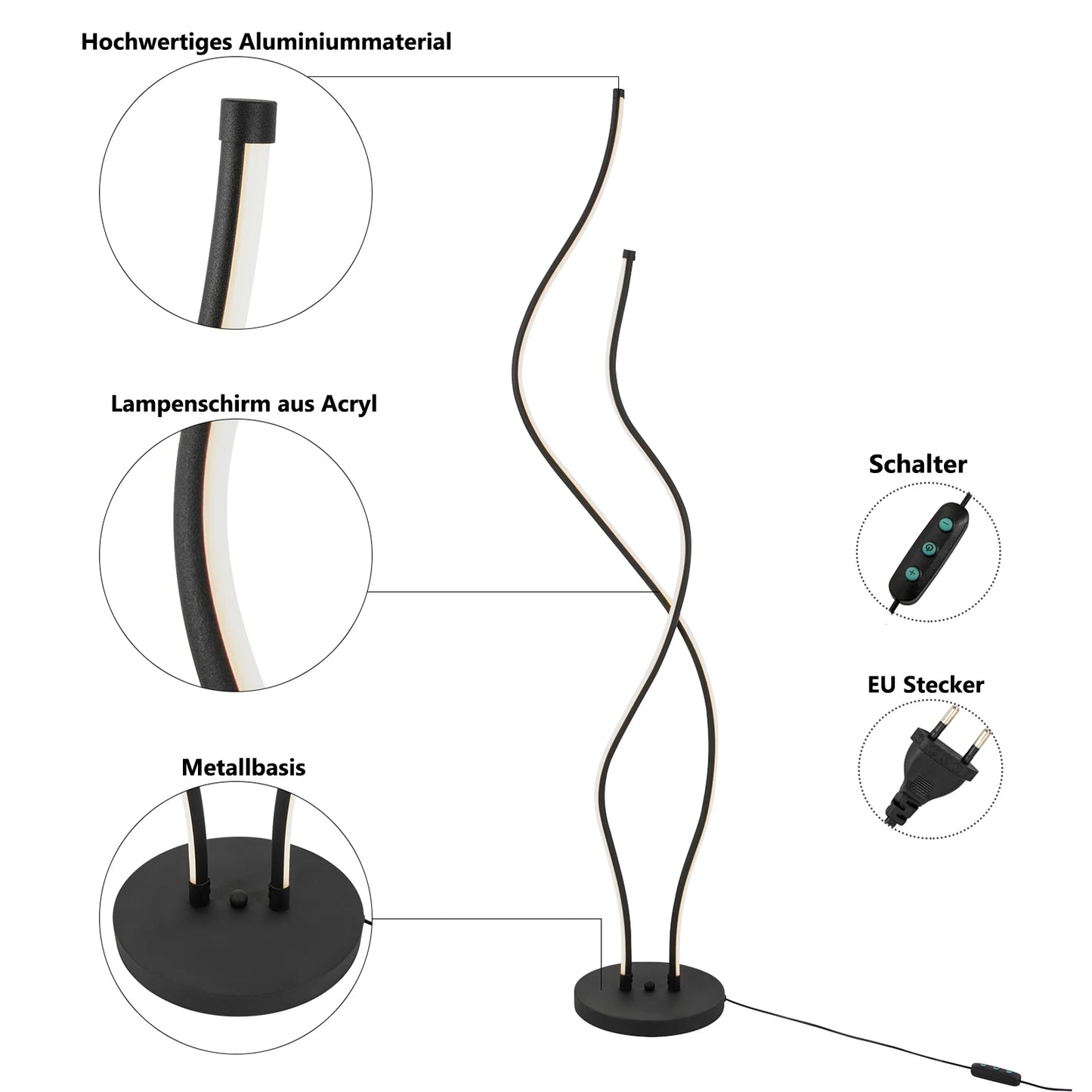 Moderne LED Spiraal Vloerlamp – Dimbare Staande Lamp – 3000K Warm Licht – 60W – Zwart Design