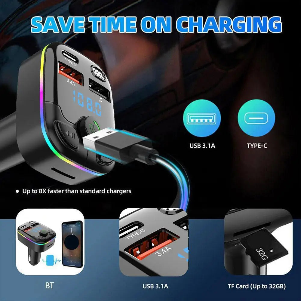 Bluetooth FM Transmitter Auto – MP3 Speler met Dubbele USB, 3.1A Snellader – Ondersteuning TF/USB – CVC Ruisonderdrukking – 12V/24V