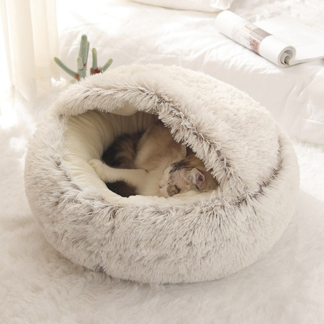 2-in-1 Kattenbed met Overkapping – Wasbaar Pluche Kattenhol voor Warmte, Comfort & Privacy
