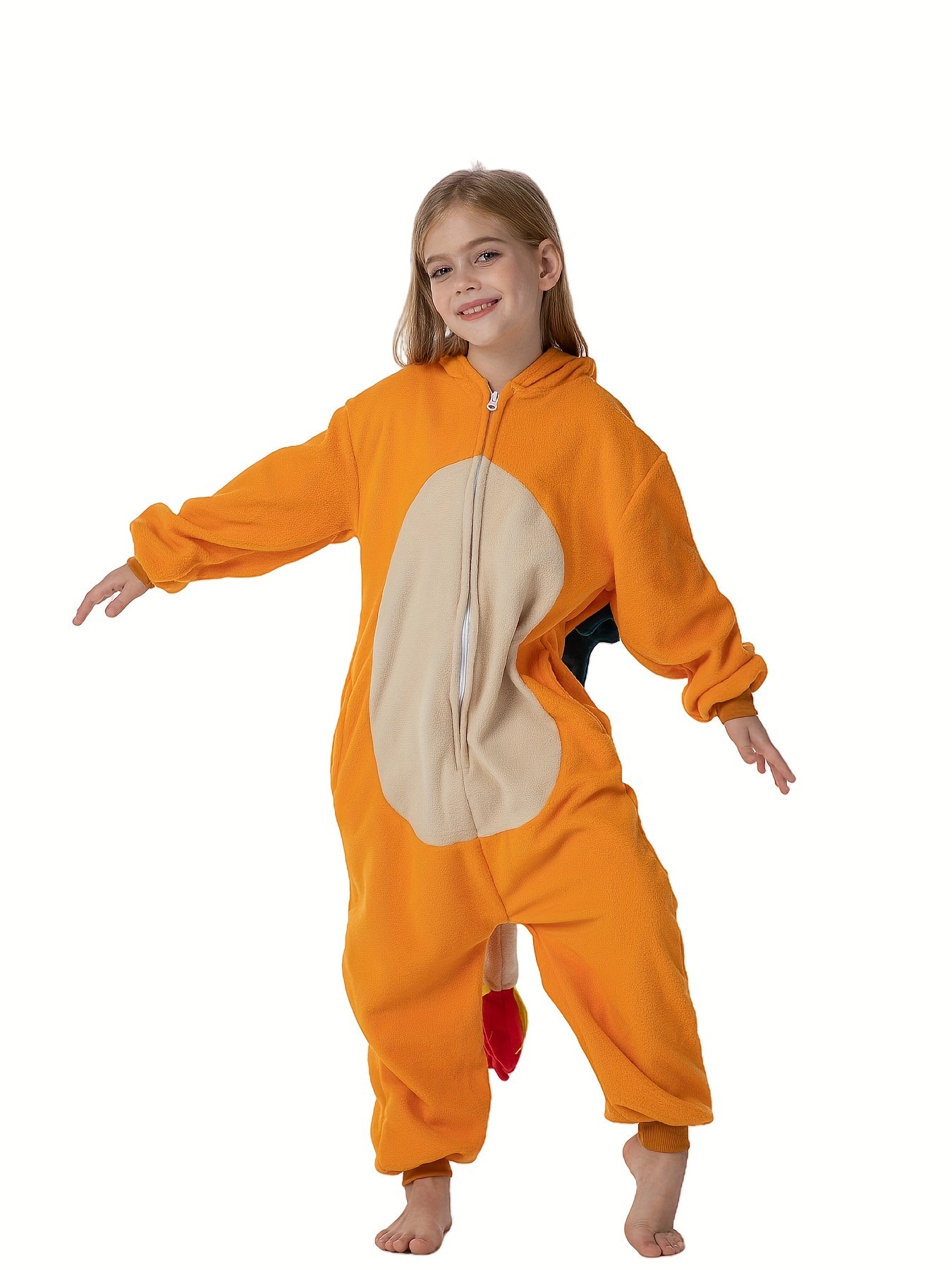 Charizard Kinderkostuum Onesie – Zachte Fleece Dierenpak met Vleugels & Capuchon – Verkleedpak voor Kinderen 4-10 Jaar
