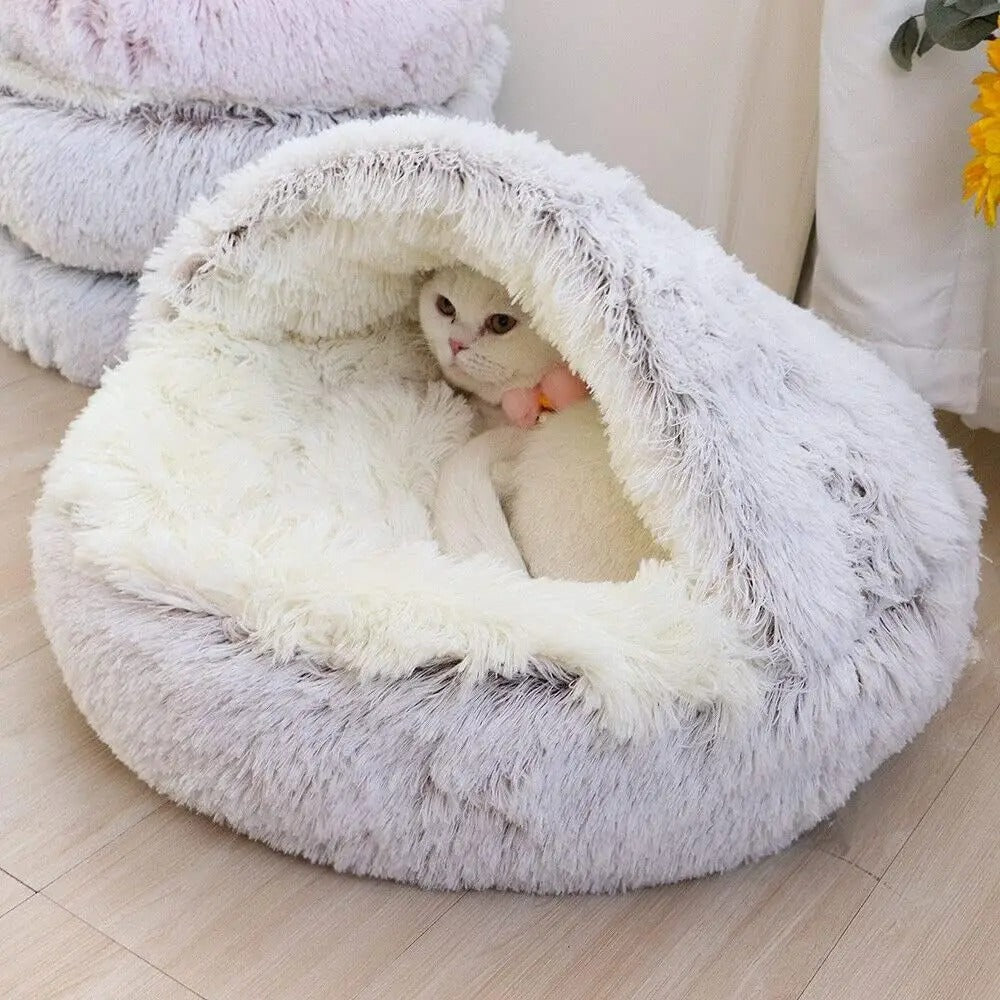 2-in-1 Kattenbed met Overkapping – Wasbaar Pluche Kattenhol voor Warmte, Comfort & Privacy