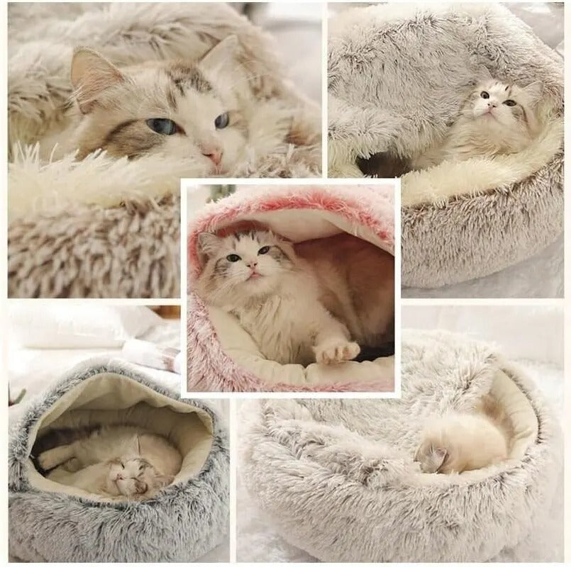 2-in-1 Kattenbed met Overkapping – Wasbaar Pluche Kattenhol voor Warmte, Comfort & Privacy