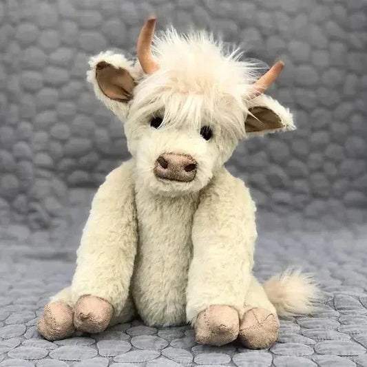 Handgemaakte Highland Cow Knuffel – Uniek Decoratief Beeldje met Bloemen en Beweegbare Delen