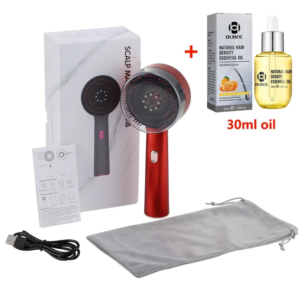 3-in-1 Elektrische Hoofdhuid Massagekam – Roodlichttherapie, Haarserum Applicator & Trilmassage voor Haarverzorging