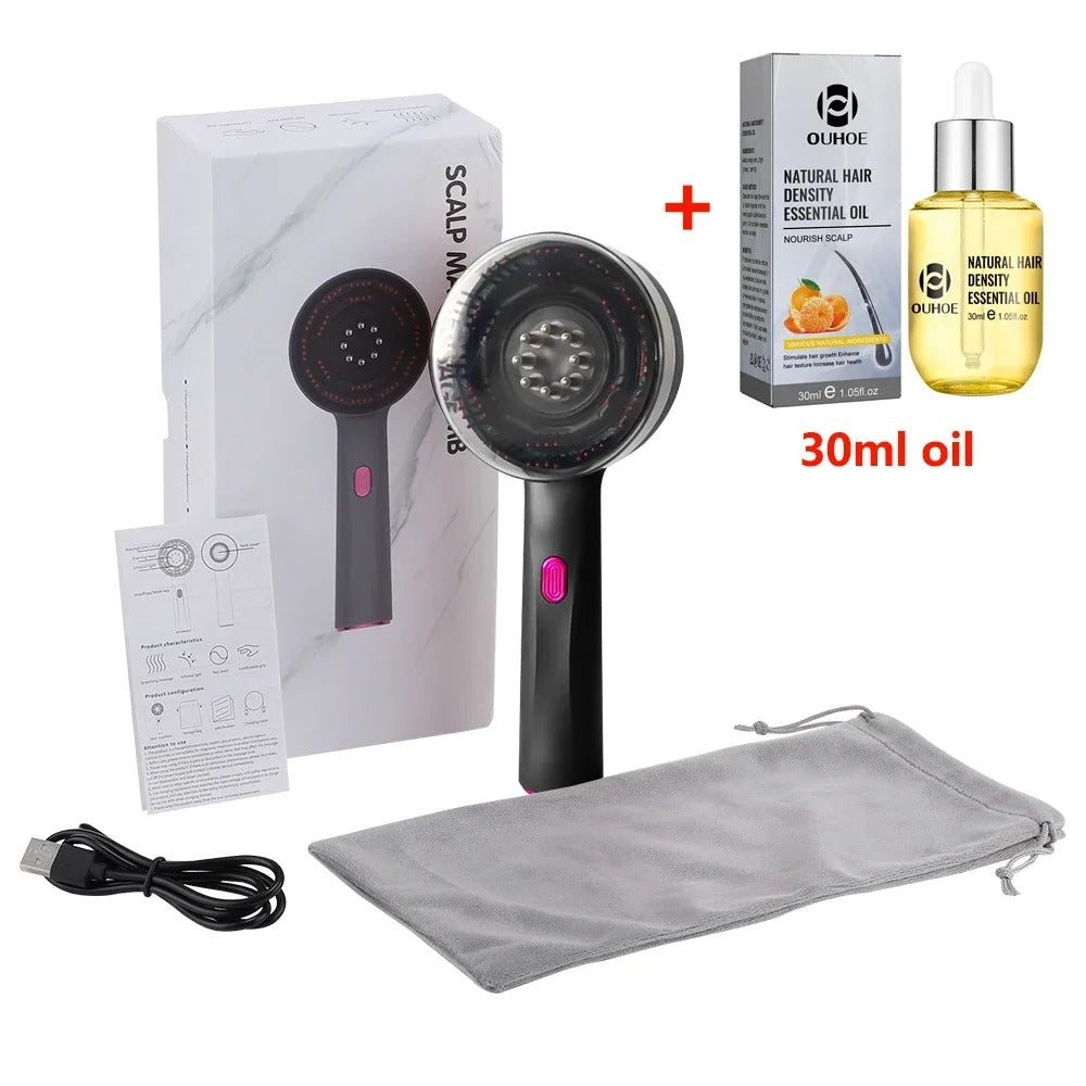 3-in-1 Elektrische Hoofdhuid Massagekam – Roodlichttherapie, Haarserum Applicator & Trilmassage voor Haarverzorging
