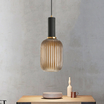 Zwarte/Gouden Moderne Hanglamp met Ribbelglas