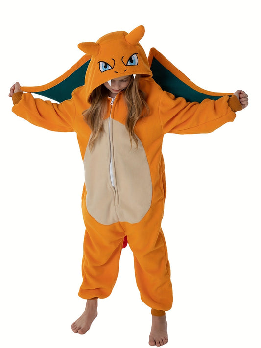 Charizard Kinderkostuum Onesie – Zachte Fleece Dierenpak met Vleugels & Capuchon – Verkleedpak voor Kinderen 4-10 Jaar