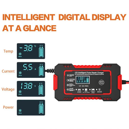 12V 6A Slimme Acculader Auto – LCD Pulse Repair Lader voor AGM, Gel & Loodaccu's – Met Overlaad- en Kortsluitbeveiliging