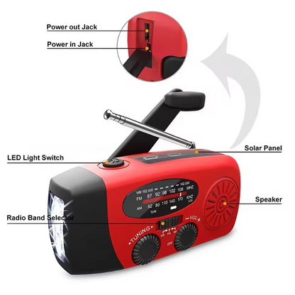 Noodradio op Zonne-energie – Met Handcrank, USB Powerbank & LED Zaklamp, AM/FM voor Outdoor en Noodsituaties