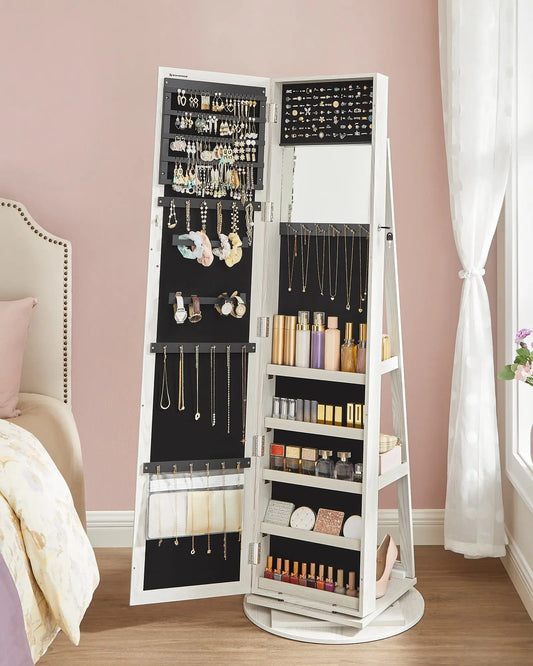 3-in-1 Sieradenkast met Draaibare Spiegel – Met Make-up Rekken, Slot & Opbergruimte – 161 cm – Wit met Houtnerf
