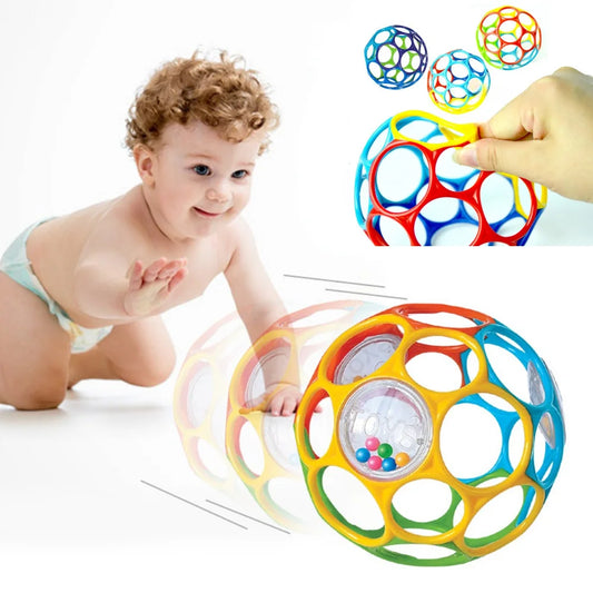 Sensorische Babyhandbel – Flexibel TPU Speelgoed met Bijtring & Rammelaar – Kleurrijk & Vroeg Educatief – Willekeurige Kleur – Ø9,5/11cm