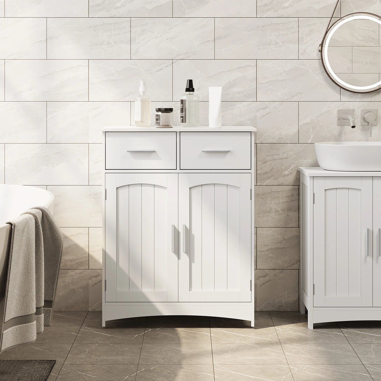 Witte Badkamerkast 60x76x30 cm – Met 2 Laden & Verstelbaar Schap – Vrijstaand Opbergmeubel – Vochtbestendig MDF
