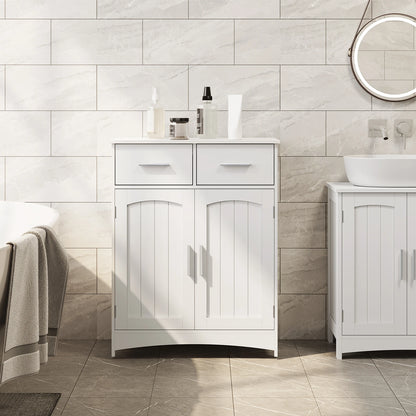 Witte Badkamerkast 60x76x30 cm – Met 2 Laden & Verstelbaar Schap – Vrijstaand Opbergmeubel – Vochtbestendig MDF