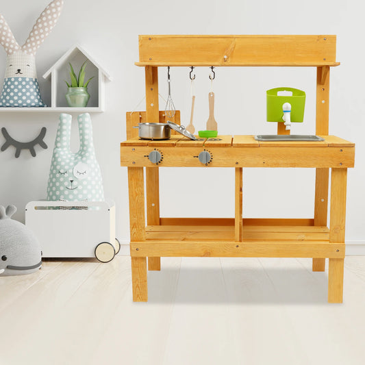 Houten keuken Speelset voor Kinderen – Inclusief Accessoires, Waterfunctie & Opbergruimte – Voor Buiten en Binnen, 3-8 Jaar
