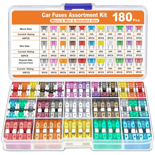 180-delige Autozekeringenset – Mini, Micro & Standaard Blade Fuses – 11 Sterktes van 2A tot 40A – Inclusief Zekeringtrekker – Voor Auto, Camper, Motor & Boot